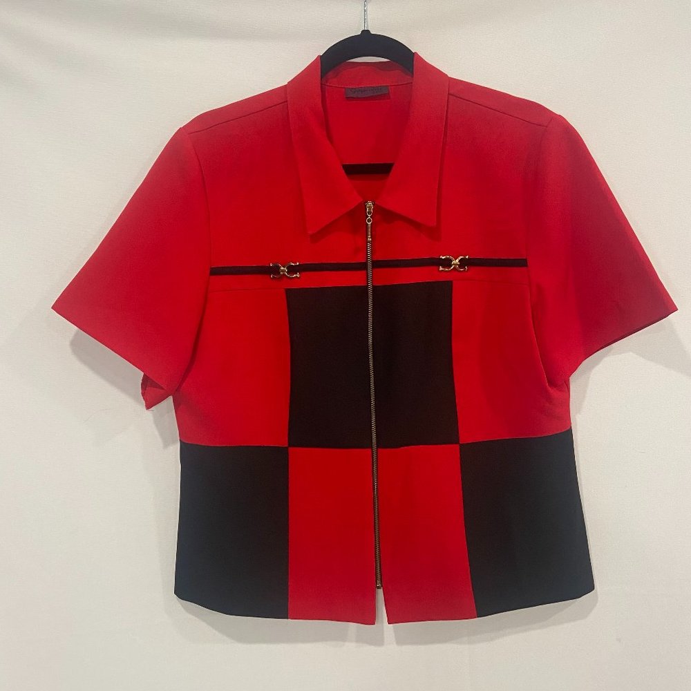 SOLD Vintage Grapevine Red and Black Zip-up Short Sleeve Blouse Large